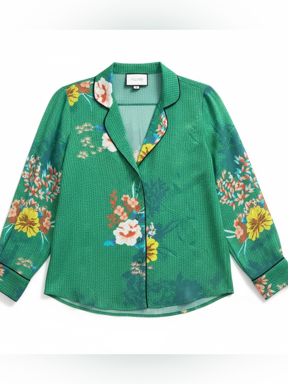 Alexis Vibrant Green Floral  Maximalist Button-Front Blouse